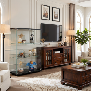 Sunvega Two-Door Glass Display Cabinet with 3 Shelves for Living Room Bedroom Office