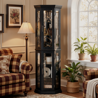 Sunvega Corner Curio Cabinet with LED Lighting and 4 Adjustable Glass Shelves