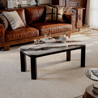 Sunvega Contemporary Faux Panda Marble Coffee Table with Black Wooden Legs