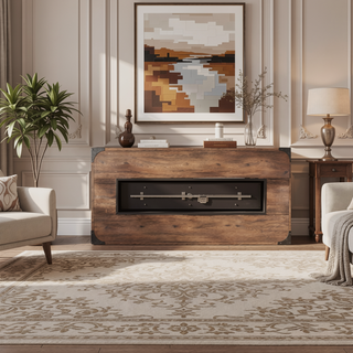 Sunvega 56-Inch Rectangle Rustic Wood Pattern Concrete Gas Fire Pit Table 50,000 BTU
