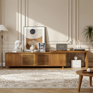 Sunvega Expandable Mid-Century Modern TV Stand for 55-75" TVs with Vintage Wood Grain