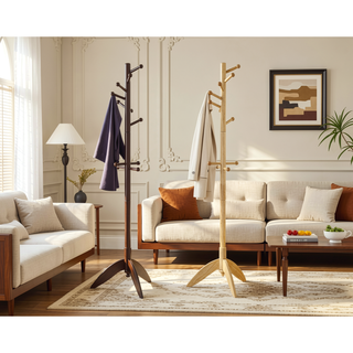 Sunvega Dark Brown Finish 7 Tiers 11 Hooks Solid Wood Coat Rack Stand