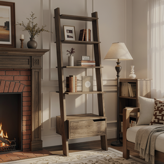 Sunvega Dark Walnut Ladder Bookcase with One Drawer and Five Open Shelves