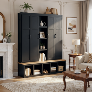 Sunvega Modern Farmhouse Hall Tree with Storage Bench Shoe Cabinet and Display Shelf