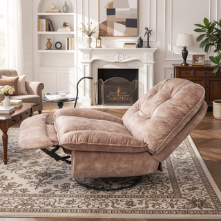 Sunvega Ivory Gold-Stamped Velvet Recliner with Swivel Gliding Rocking and Mobile Phone Holder