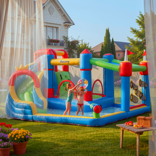 Sunvega Inflatable Bounce House with Slide Climbing Wall Water Cannon for Kids