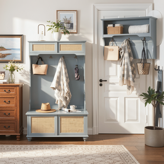Sunvega Hall Tree Storage Bench with Rattan Door and Shoe Rack for Entryway