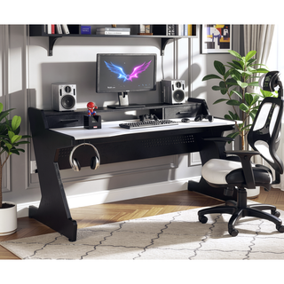 Sunvega Black and White Gaming Desk with Two Storage Drawers and Open Compartment
