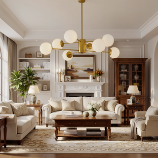 Sunvega Gold Chandelier with White Glass Globe Shades and Mid-Century Branching Design for Dining Room