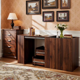 Sunvega Fold-Out Convertible Writing Table Desk Cabinet with Shelf and Drawer