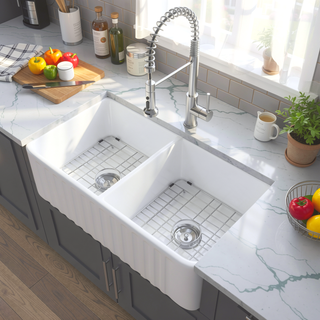 Sunvega 33 Inch White Porcelain Ceramic Farmhouse Kitchen Sink Workstation with Reversible Apron