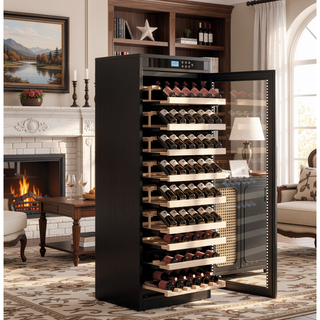 Sunvega Black Wood Multi-Tiered Wine Cabinet with Intelligent Temperature Control
