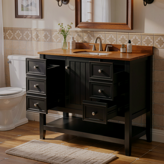 Sunvega 36 Inch Bathroom Vanity Cabinet Base with Drawers and Open Shelf in Black