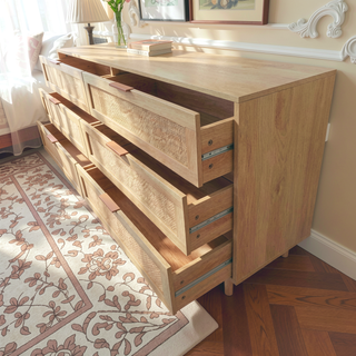 Sunvega 6 Drawer Rattan Dresser with Metal Handle and Wood Legs for Bedroom Storage
