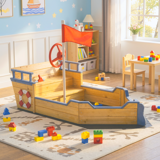 Sunvega Wooden Pirate Sandbox with Bench Seats, Storage, and Non-Woven Fabric Liner