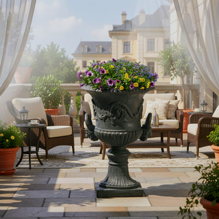 Sunvega Roman Design Concrete Chalice Urn Planter with Botanical Accents for Garden