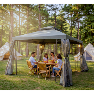 Sunvega Patio Gazebo with Corner Shelves Double Roof Canopy and Mesh Netting