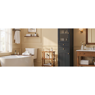 Sunvega Modern 63 Inch Tall Bathroom Storage Cabinet with Glass Doors and Two Drawers