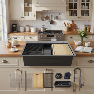 Sunvega 32x22 Inch Gunmetal Black Stainless Steel Kitchen Sink with Faucet and Accessories