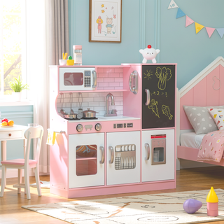 Sunvega Kids Kitchen Playset with Chalkboard, Toy Phone, Ice Maker, Microwave, and Sink