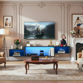 Sunvega Wall Mounted Floating 80 Inch TV Stand with LED Lights and Charging Station