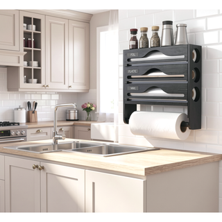 Sunvega 3-Section Bamboo Kitchen Organizer with Paper Towel Holder, Cutter and Storage Rack