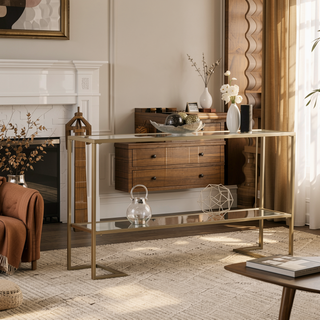 Sunvega Gilded Slim Console with Mirror and Glass Shelves for Entryway or Living Room