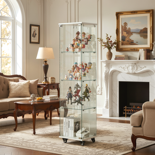 Sunvega 4 Tier Glass Display Cabinet with Lock and Wheels for Living Room