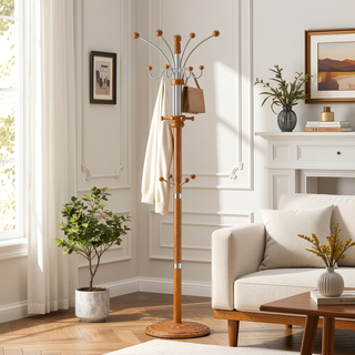 Sunvega 73-Inch Tall Chrome and Wood Coat Rack with Espresso Finish