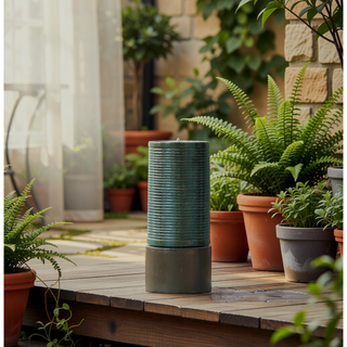 Sunvega Large Concrete Ribbed Water Fountain with Bird Feeder and Modern Industrial Style