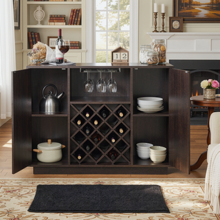 Sunvega Espresso Wooden Frame Wine Cabinet with Stemware Rack and Doors