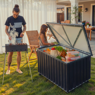 Sunvega Outdoor Metal Storage Box with Wood Texture and Spacious 161-Gallon Capacity