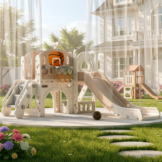 Sunvega 7-in-1 Toddler Playset with Slide Basketball Hoop Ring Toss and Crawl Tunnel