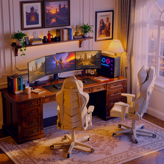 Sunvega Gaming Desk with LED Lights USB Ports Charging Station and Reversible Shelves
