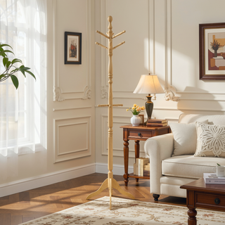Sunvega Dark Brown Finish 7 Tiers 11 Hooks Solid Wood Coat Rack Stand