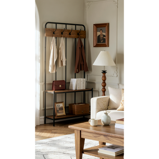 Sunvega Dark Brown Iron and Mango Wood Hall Tree with Four Hooks