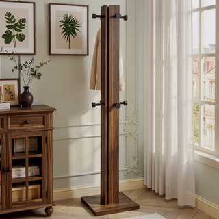 Sunvega Mid-Century Modern Walnut Coat Rack with 8 Black Metal Hooks