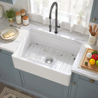 Sunvega 30 Inch White Fireclay Farmhouse Kitchen Sink with Reversible Workstation Design
