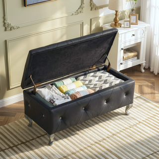 Sunvega Faux Leather Storage Ottoman Bench with Crystal Buttons for Bedroom Living Room