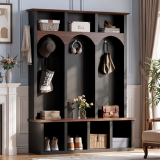 Sunvega Farmhouse Style Arched Entryway Storage Bench with 5 Hooks and 7 Cubbies