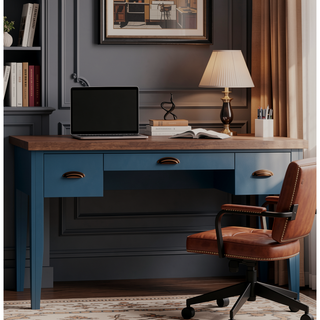 Sunvega Blue Denim and Whiskey Writing Desk with Drawers No Assembly Required