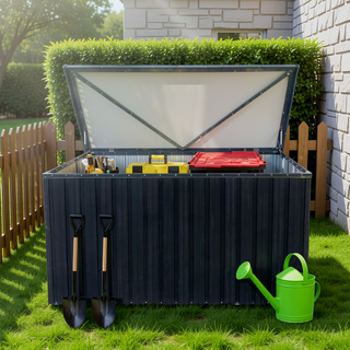 Sunvega Outdoor Metal Storage Box with Wood Texture and Spacious 161-Gallon Capacity