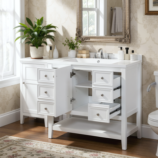 Sunvega 36 Inch Bathroom Vanity Cabinet Base with Drawers and Open Shelf in Black