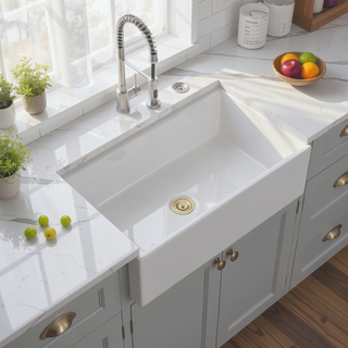Sunvega 33 Inch White Porcelain Ceramic Farmhouse Kitchen Sink Workstation with Reversible Apron