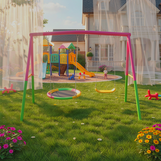 Sunvega Heavy-Duty A-Frame Metal Outdoor Swing Set with Saucer and Belt Swings