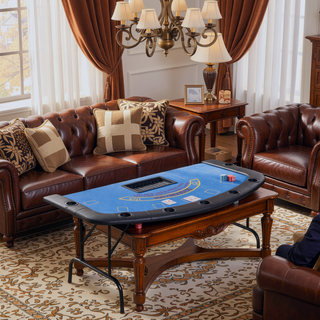 Sunvega Foldable Half-Shape Poker Table with Blue Felt Surface and 7 Cup Holders