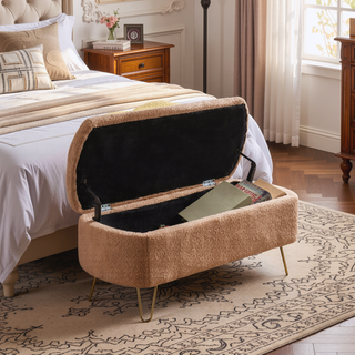 Sunvega Modern Upholstered Padded Storage Ottoman Bench with Gold Legs for Bedroom