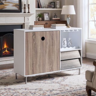 Sunvega White & Dark Taupe Distressed Grey Wooden Cabinet with Drawer and Glass Rack