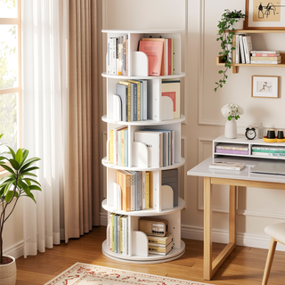 Sunvega 360° Rotating Bookshelf with Wheels and Drawer for Space-Saving Storage