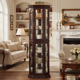 Sunvega Corner Curio Cabinet with LED Lighting and 4 Adjustable Glass Shelves